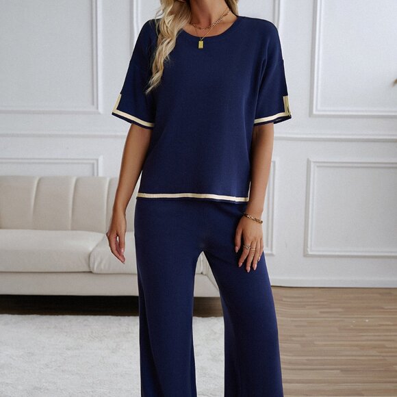 Minimalist Knit Loungewear Top & Wide Leg Pant Set - Picture 2 of 6